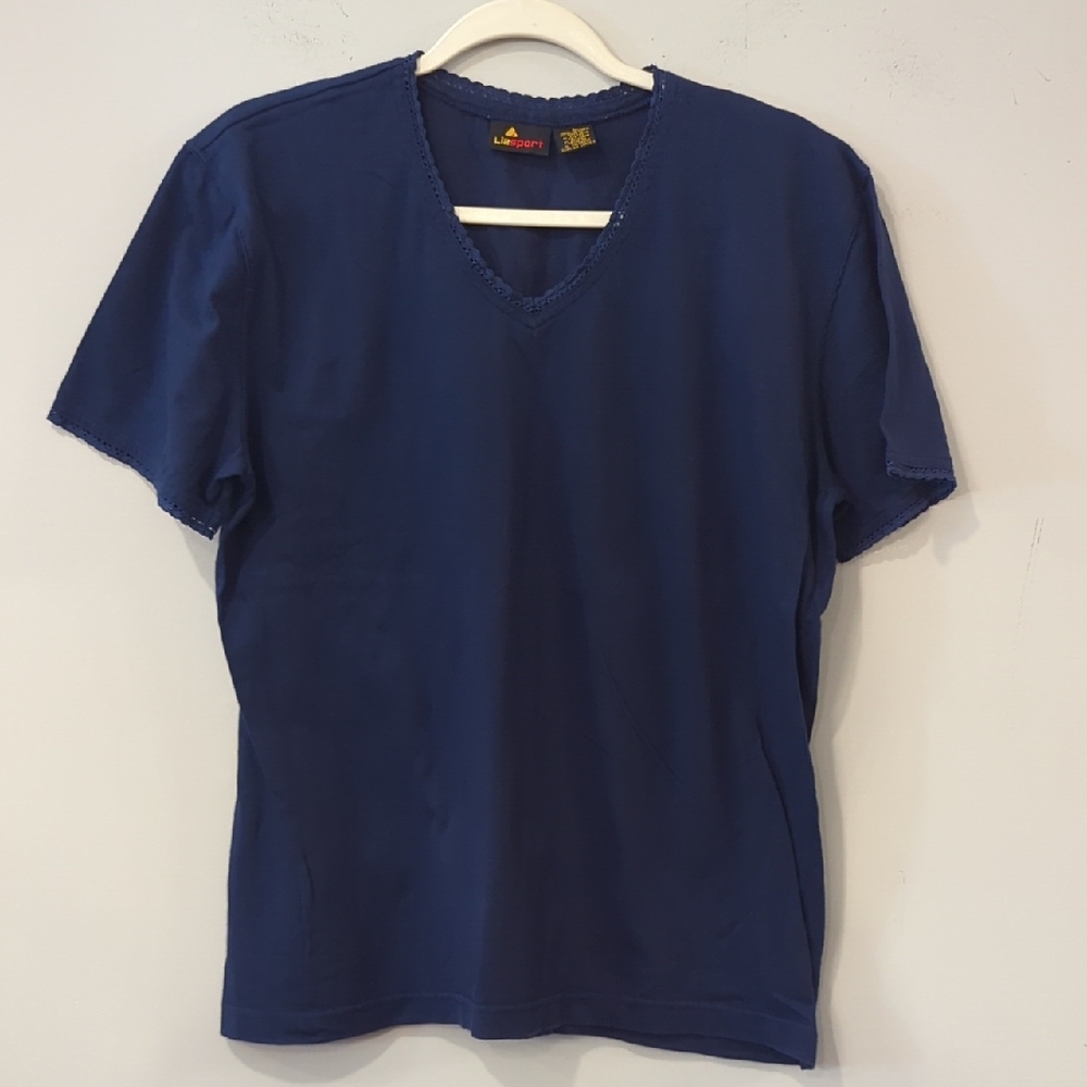 Vintage Liz Sport V-Neck Short Sleeve Tee‎ Navy Lace Trim size L 100% Cotton